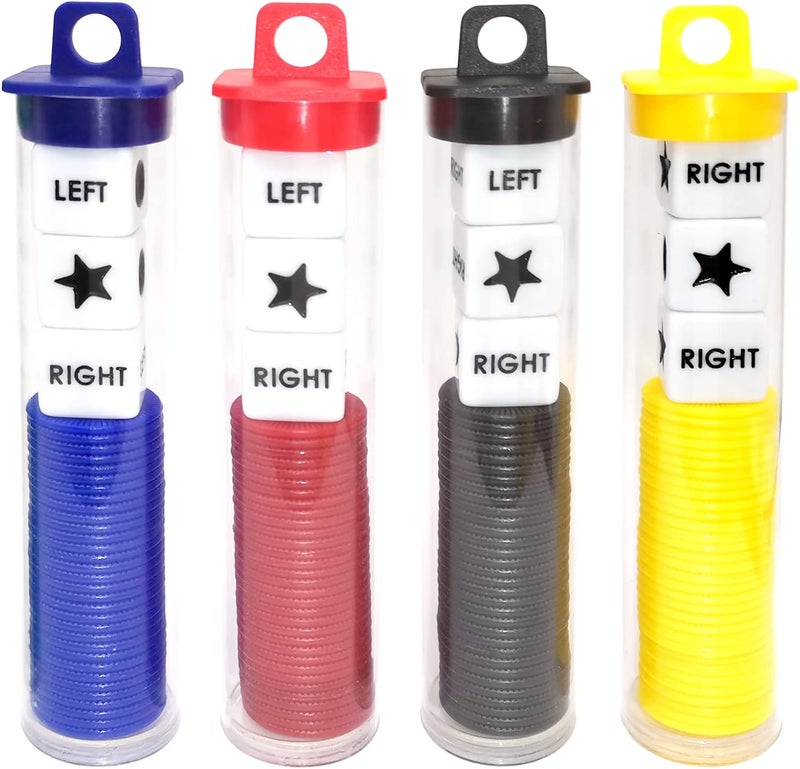 Ahoper Left Right Center Dice Game Prime Set Bundle with 3 Dices + 36 Chips. Round Tube Storage is Very Convenient for Travel. Easy to Store, Carry Around. (4 Pack) - Image 1